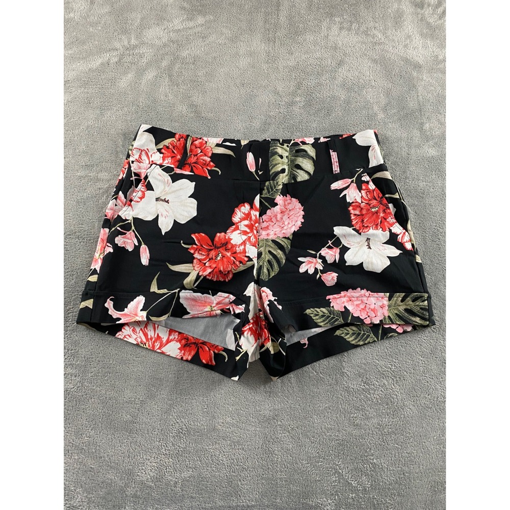 Lily Morgan Womens XL Tropical‎ Floral Shorts Black Red Hibiscus Cuffed Summer
